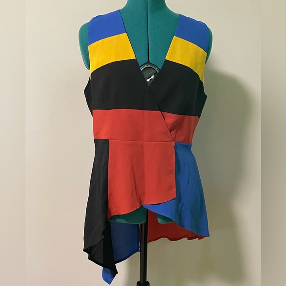 BCBGMaxAzria Colorblock Faux Wrap Asymmetrical Peplum Top Tunic Blouse / Sz M - Picture 5 of 15